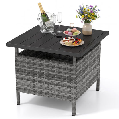 Mesa Auxiliar de Mimbre Cuadrada para Patio con Agujero para Sombrilla para Jardín o Piscina