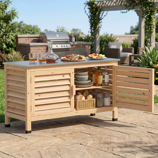 Outdoor Storage Cabinet with Stainless Steel Countertop, natural wood slatted doors on Tampa Home & Garden Store