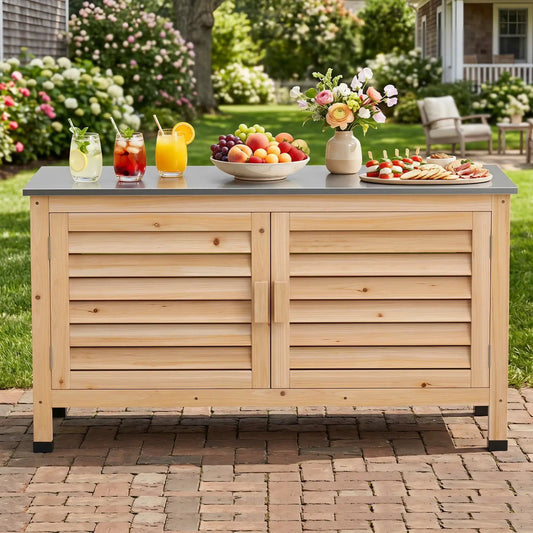 DirectDeals outdoor storage cabinet with stainless steel countertop and wood slat doors on patio on Tampa Home & Garden Store