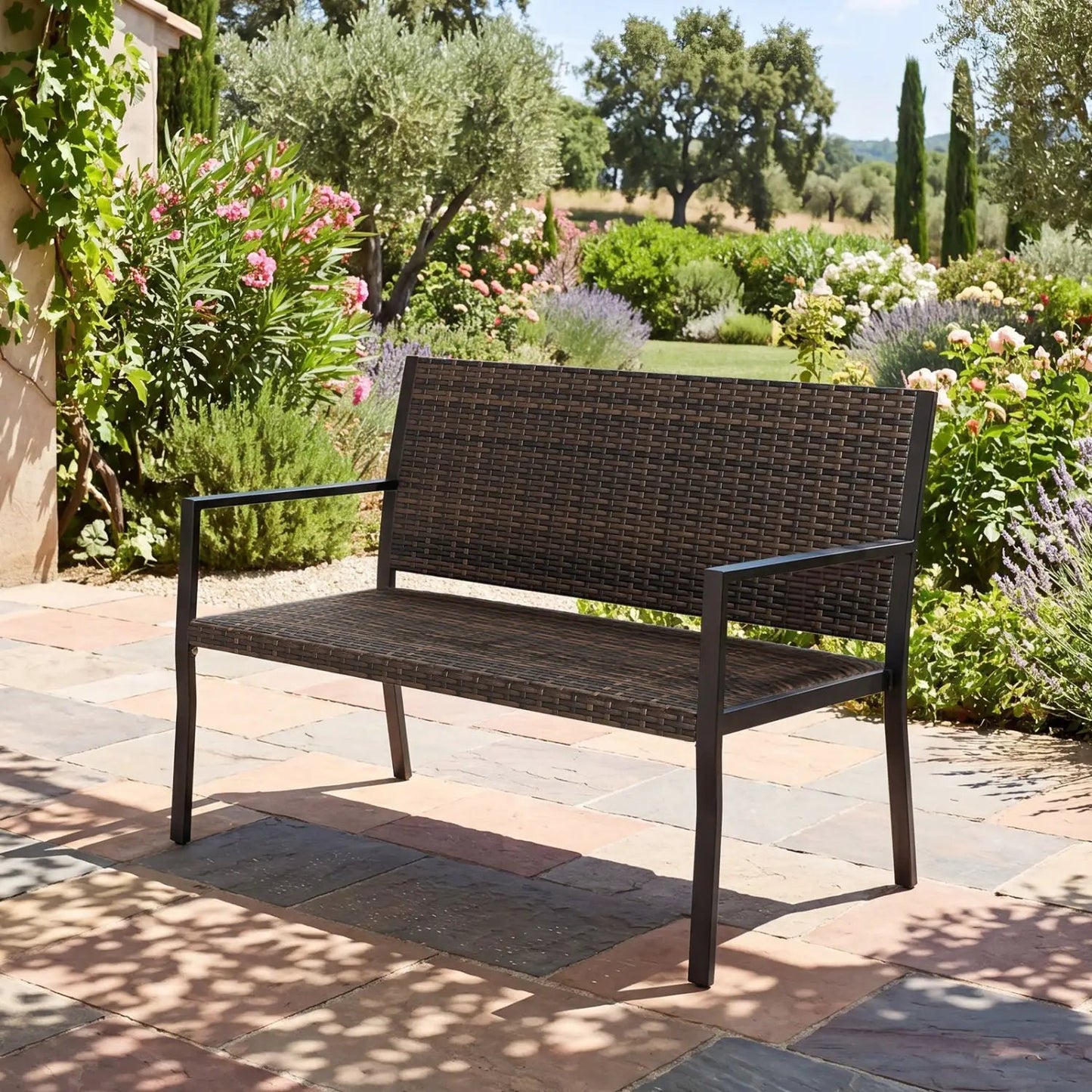Outdoor Rattan Loveseat With Sponge Cushion