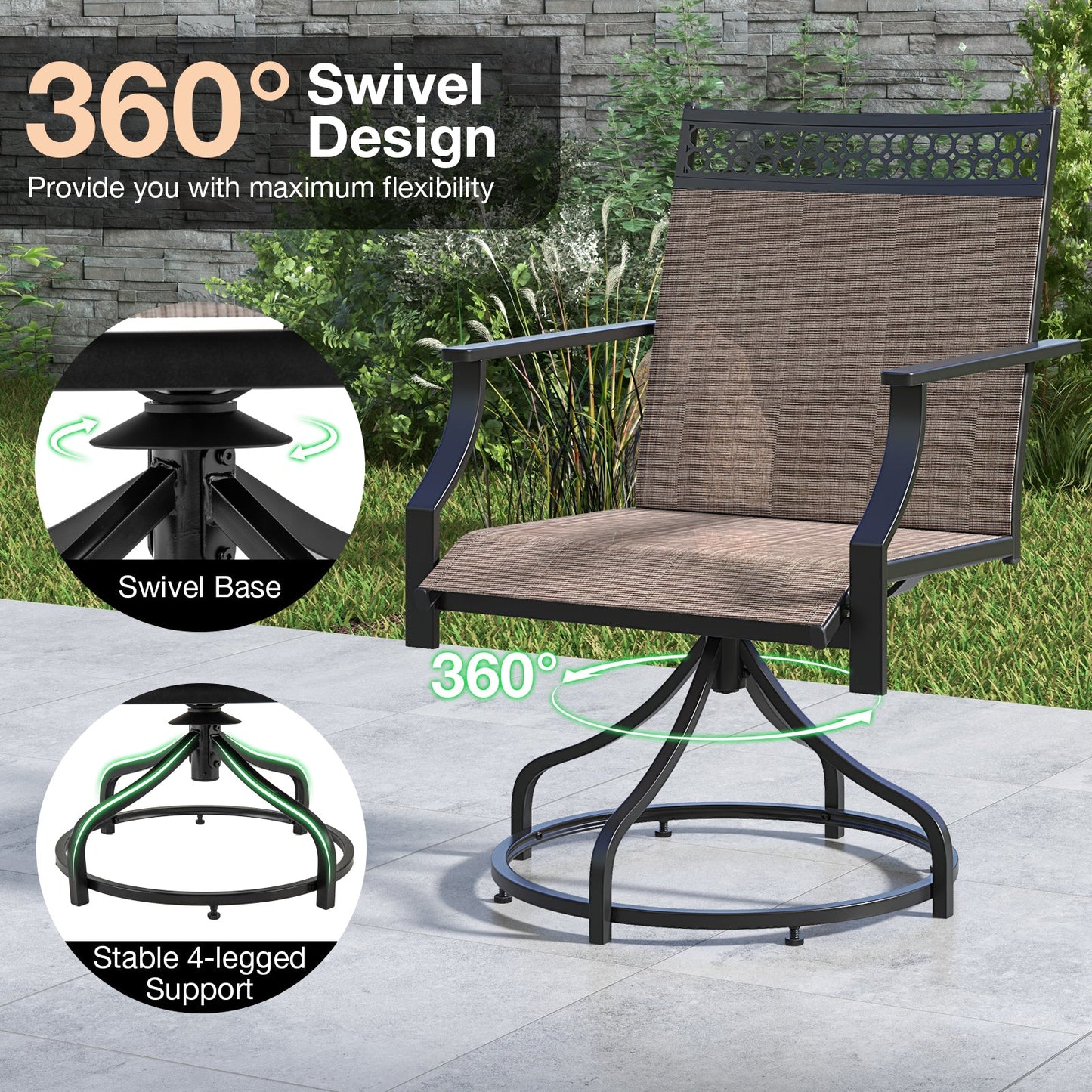 Patio Swivel Dining Chairs Set of 2 with Heavy-duty Metal Frame and Armrests