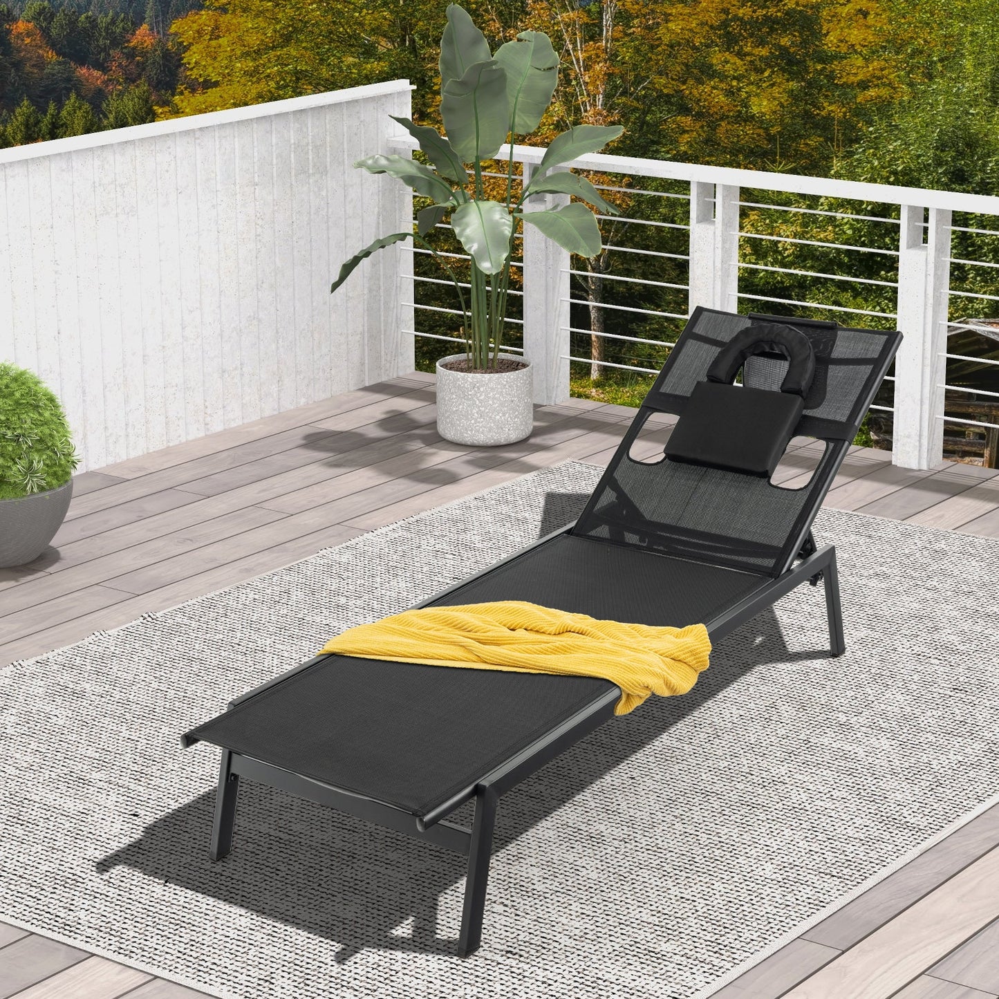Tumbona reclinable de jardín de 5 posiciones para tomar el sol - Negra