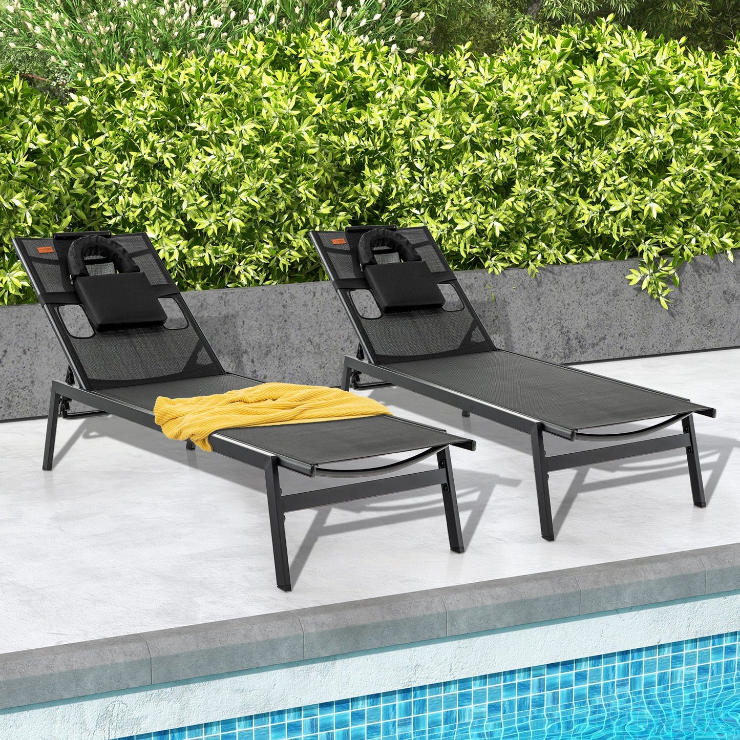 Tumbona reclinable de jardín de 5 posiciones para tomar el sol - Negra