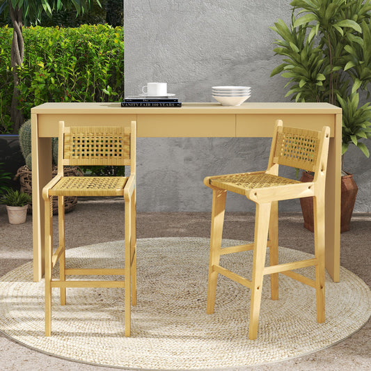Patio Teak Wood Bar Stool with Rattan Backrest and Seat - Tampa Home & Garden Store