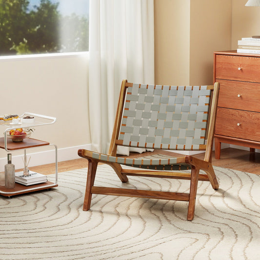 Patio Teak Wood Chair Outdoor Mid-Century Accent Chair with Nylon Webbing Seat - Tampa Home & Garden Store