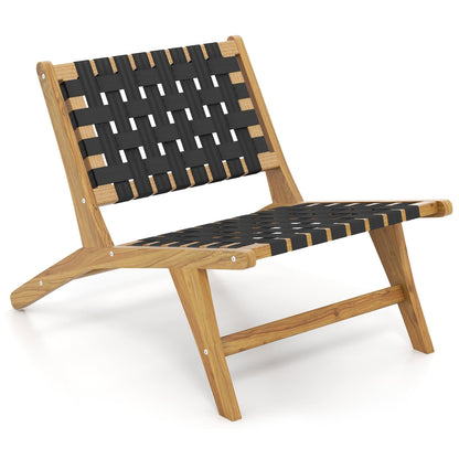 Silla de teca para patio interior con asiento y respaldo de cincha tejida