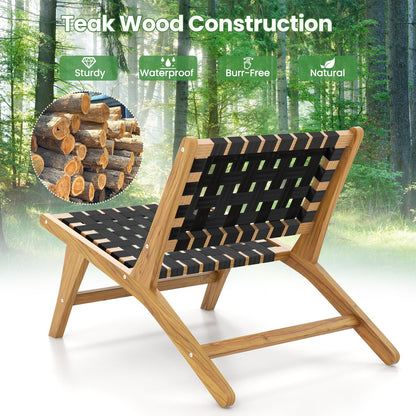 Silla de teca para patio interior con asiento y respaldo de cincha tejida