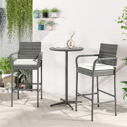 Taburetes de bar de mimbre para patio con reposabrazos y cojines suaves para jardín, juego de 2