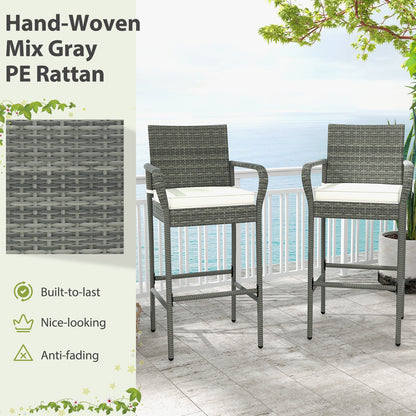Taburetes de bar de mimbre para patio con reposabrazos y cojines suaves para jardín, juego de 2