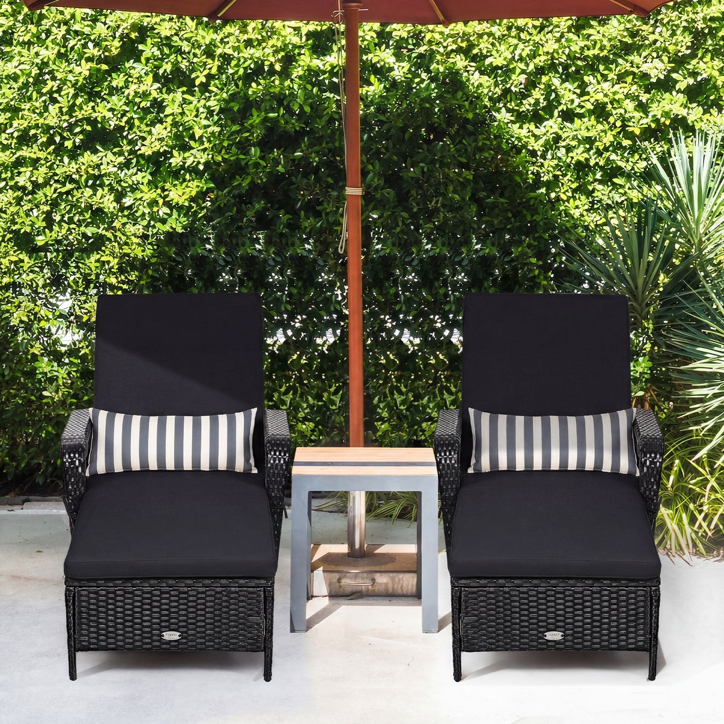 Patio wicker chaise lounge chairs with adjustable backs, black cushions DirectDeals pair on Tampa Home & Garden Store
