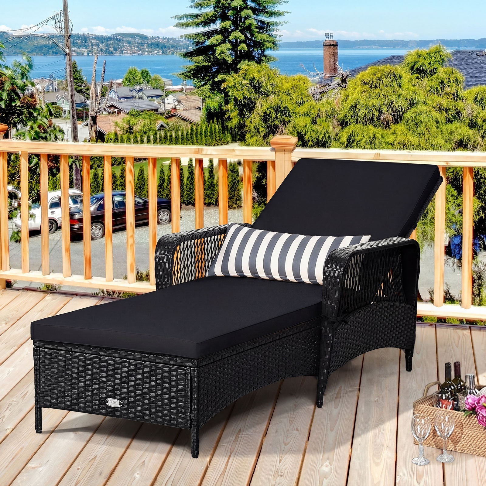 Patio wicker sunlounger with adjustable backrest and black cushion striped pillow on Tampa Home & Garden Store