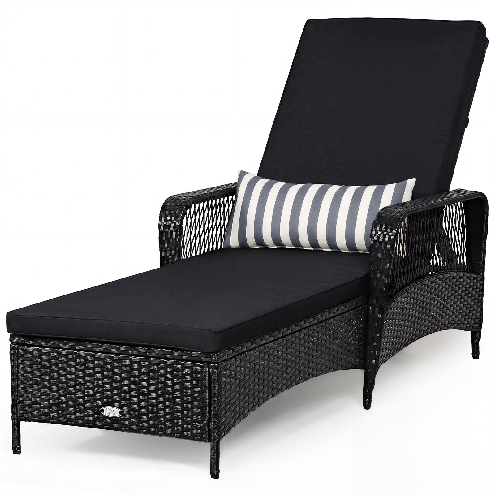 Patio wicker chaise lounge chair with black cushion and striped accent pillow DirectDeals on Tampa Home & Garden Store