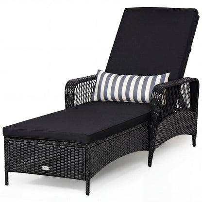 Patio wicker chaise lounge chair with black cushion and striped accent pillow DirectDeals on Tampa Home & Garden Store