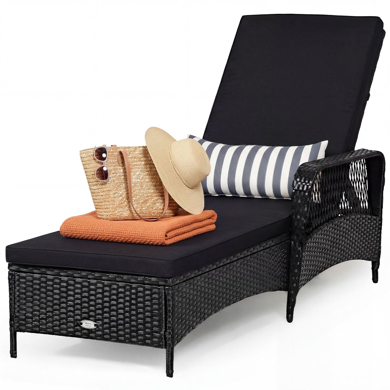 Patio wicker chaise lounge with black cushion and adjustable backrest; striped pillow on Tampa Home & Garden Store