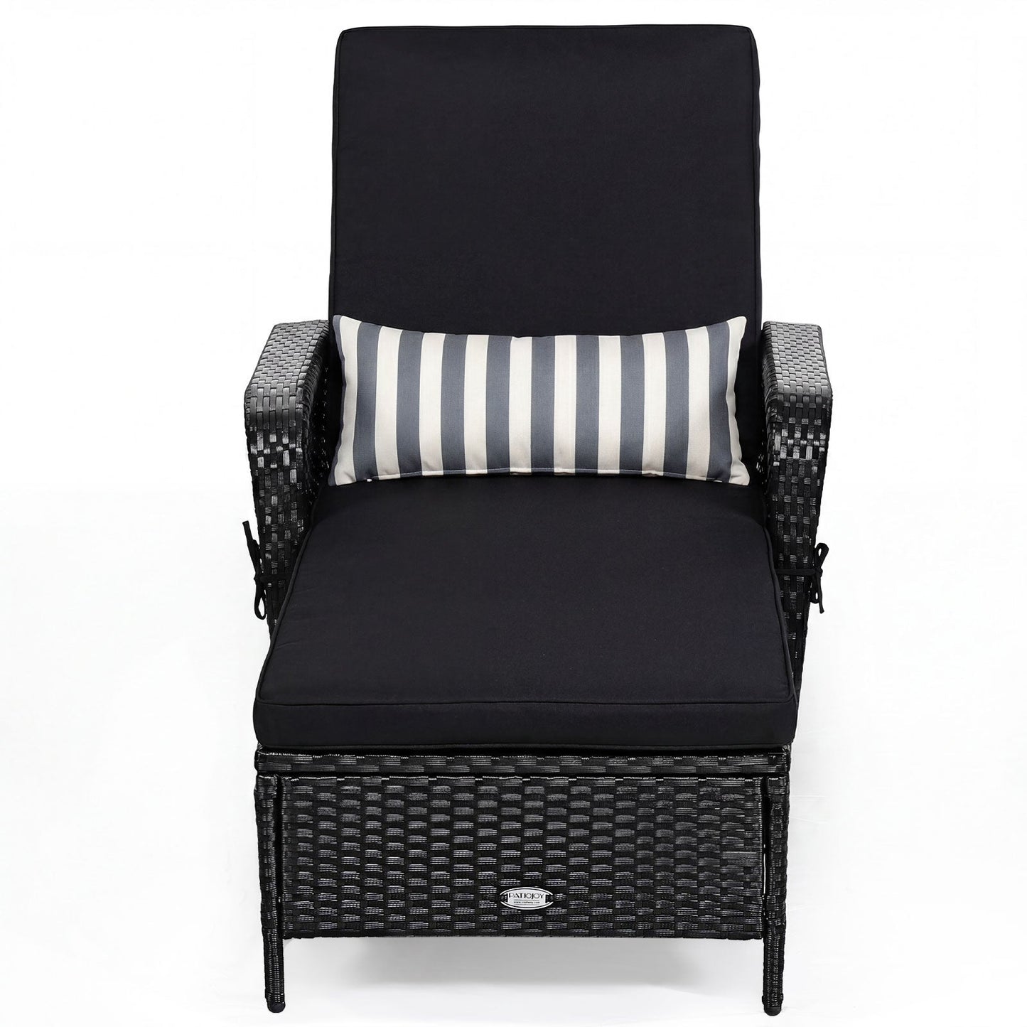 Patio Wicker Chaise Lounge Chair with Black Cushion, Adjustable Backrest and striped Pillow PatioJoy sunlounger on Tampa Home & Garden Store