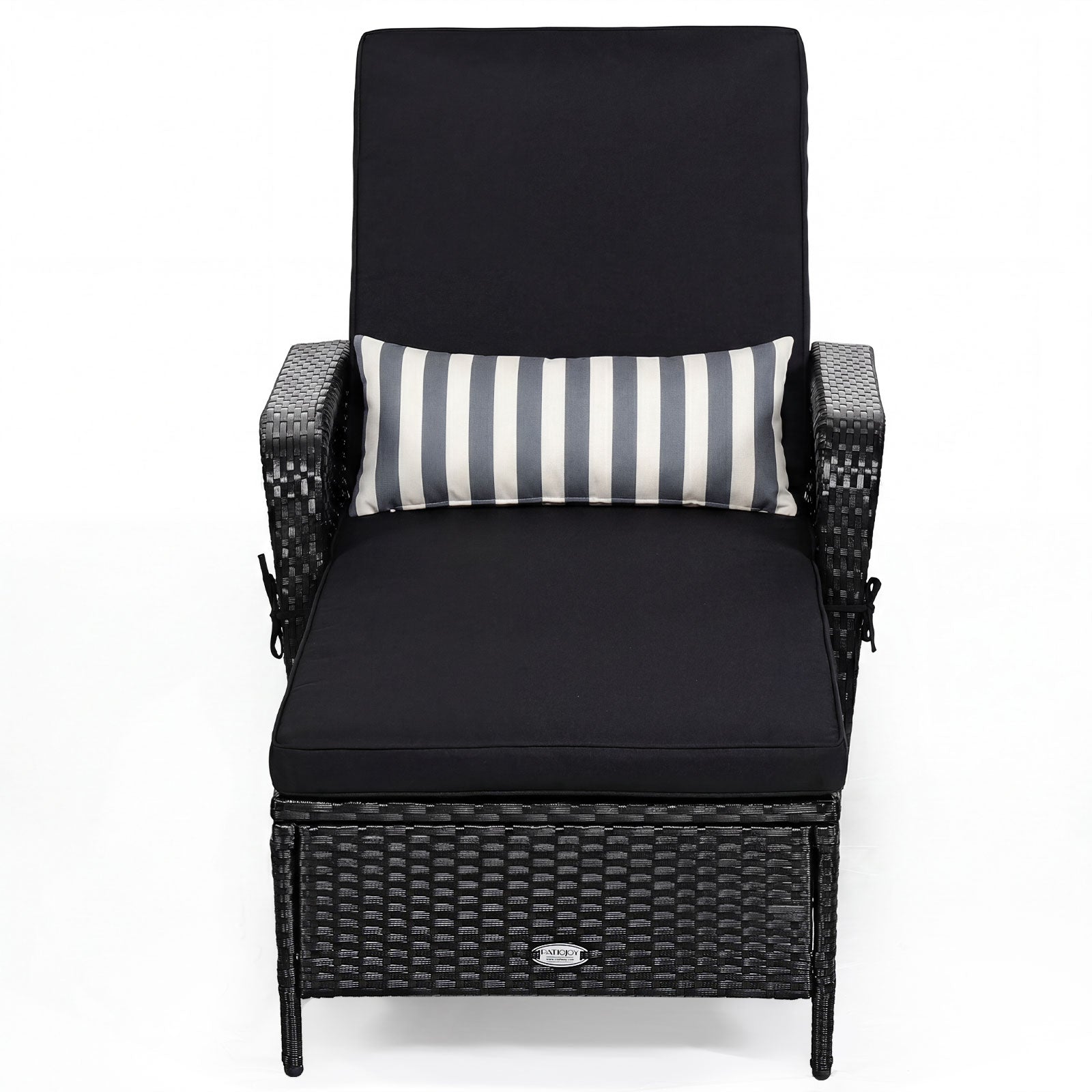 Patio Wicker Chaise Lounge Chair with Black Cushion, Adjustable Backrest and striped Pillow PatioJoy sunlounger on Tampa Home & Garden Store