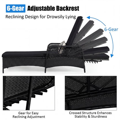 Patio wicker chaise lounge chair with adjustable backrest, black cushion and pillow, sunlounger on Tampa Home & Garden Store