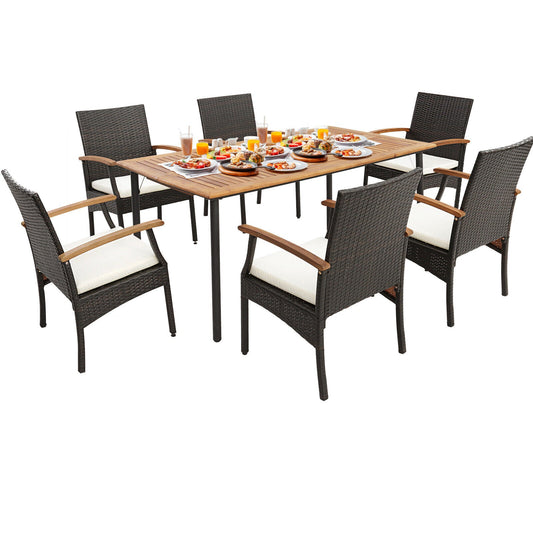 7 Pieces Patio Wicker Cushioned Dining Set with Wood Armrest and Umbrella Hole - Tampa Home & Garden Store