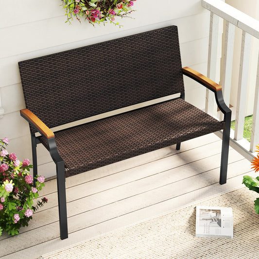 Patio Wicker Loveseat Chair with Acacia Wood Armrests and Metal Frame - Tampa Home & Garden Store