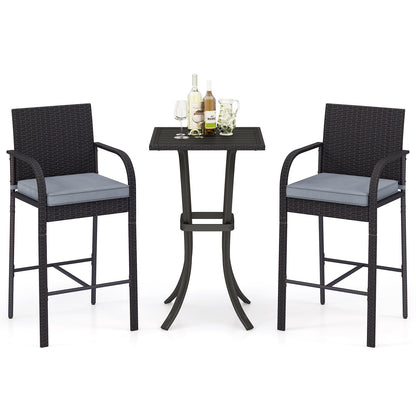 3-Piece Patio Wicker Rattan Bar Height Chairs and Square Table Set-Black