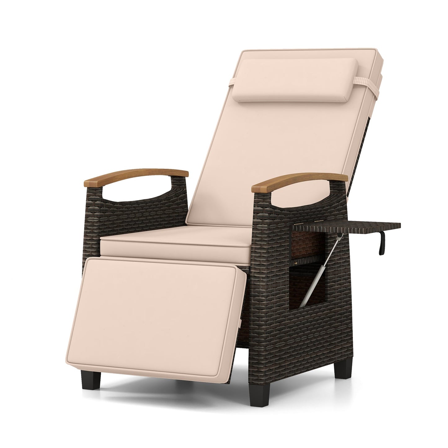 Sillón reclinable de mimbre para patio con respaldo y reposapiés ajustables - Negro