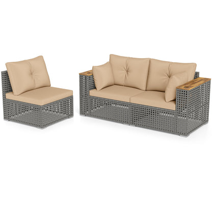 Patio wicker sectional set beige cushions; 1 armless chair + 2 corner sofas in gray rattan on Tampa Home & Garden Store