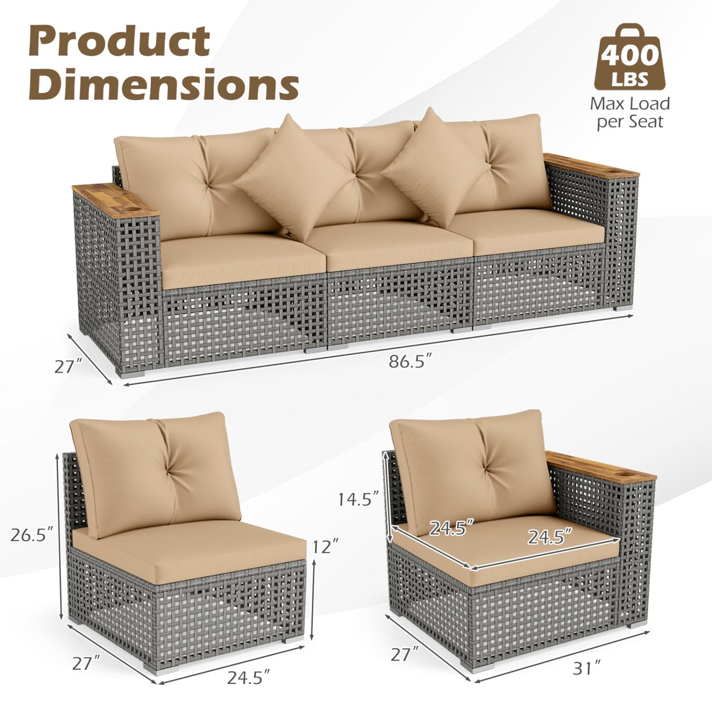 DirectDeals patio wicker sectional set with 1 armless and 2 corner sofas, tan cushions on Tampa Home & Garden Store