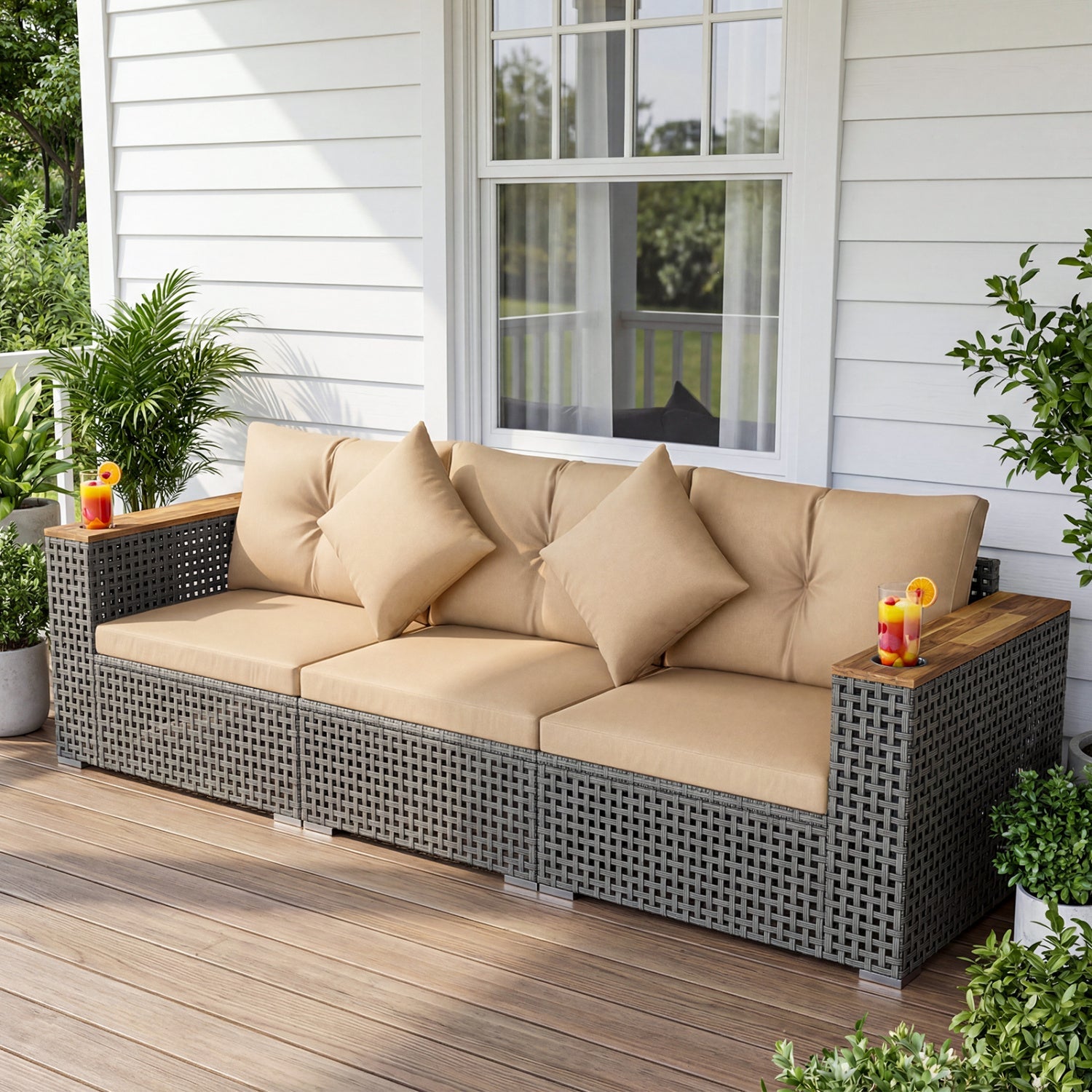 Patio wicker sectional sofa set DirectDeals with beige cushions, 1 armless and 2 corner modules on Tampa Home & Garden Store