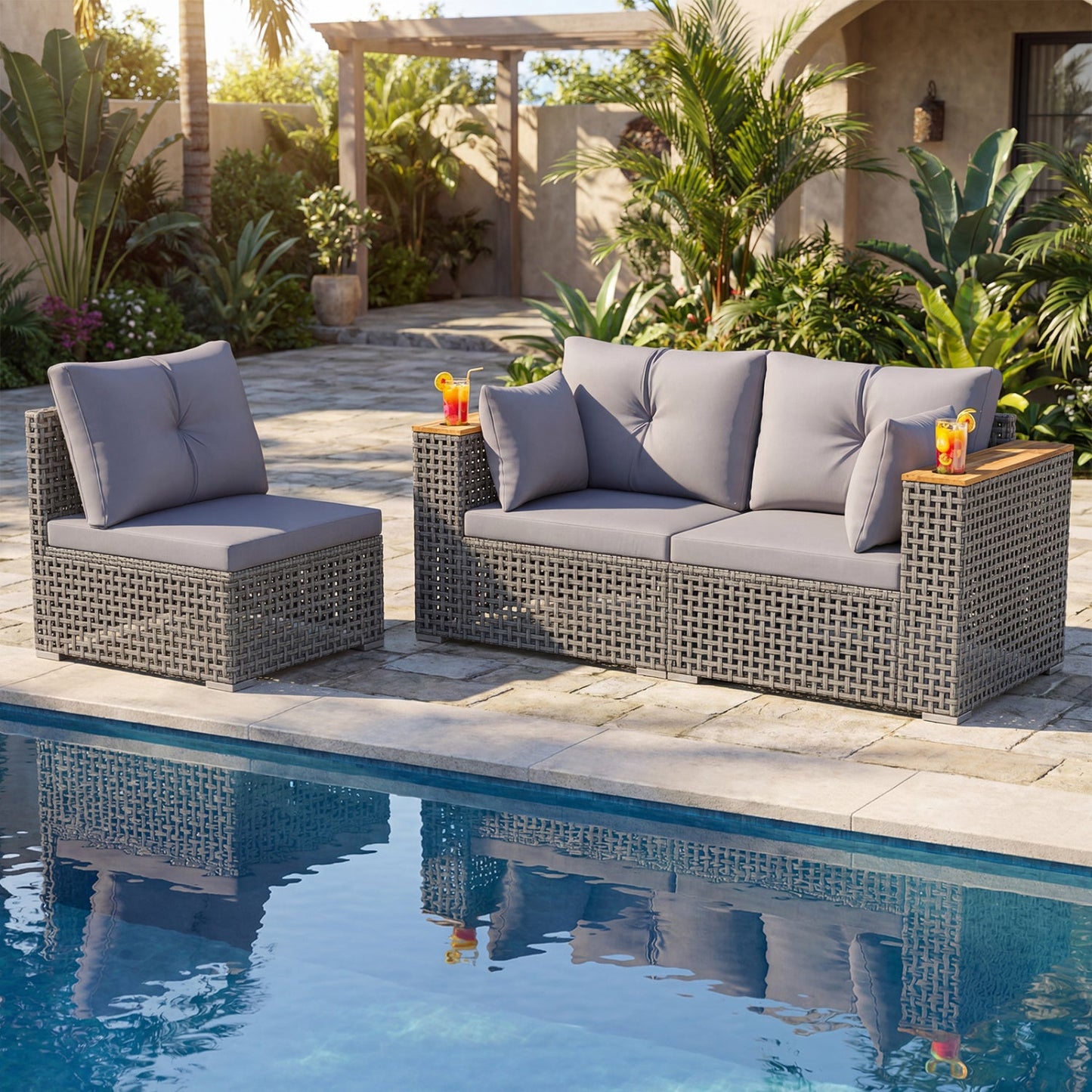 Patio wicker sectional sofa set with 1 armless and 2 corner sofas in gray cushions on Tampa Home & Garden Store