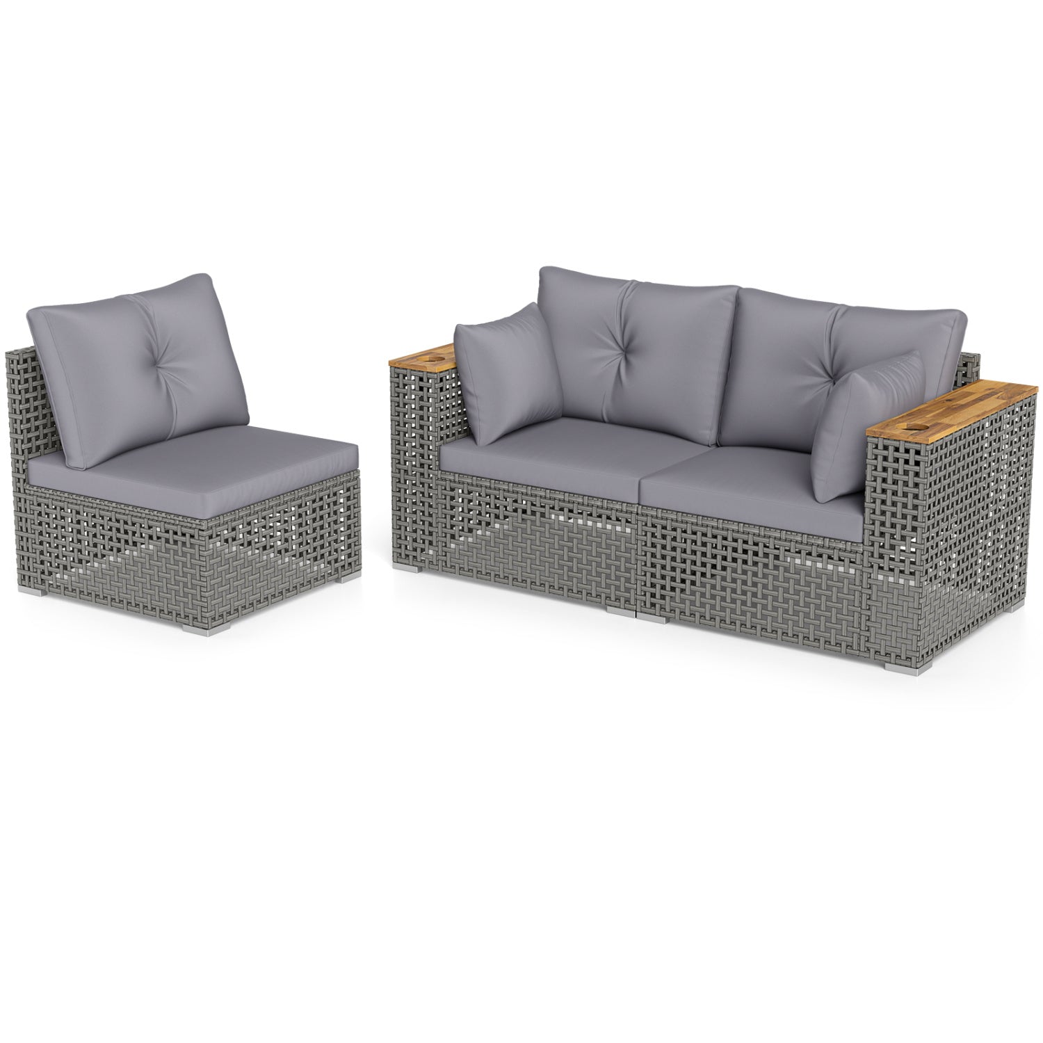 Patio wicker sectional by DirectDeals with 1 armless chair and 2 corner sofas in gray cushions on Tampa Home & Garden Store