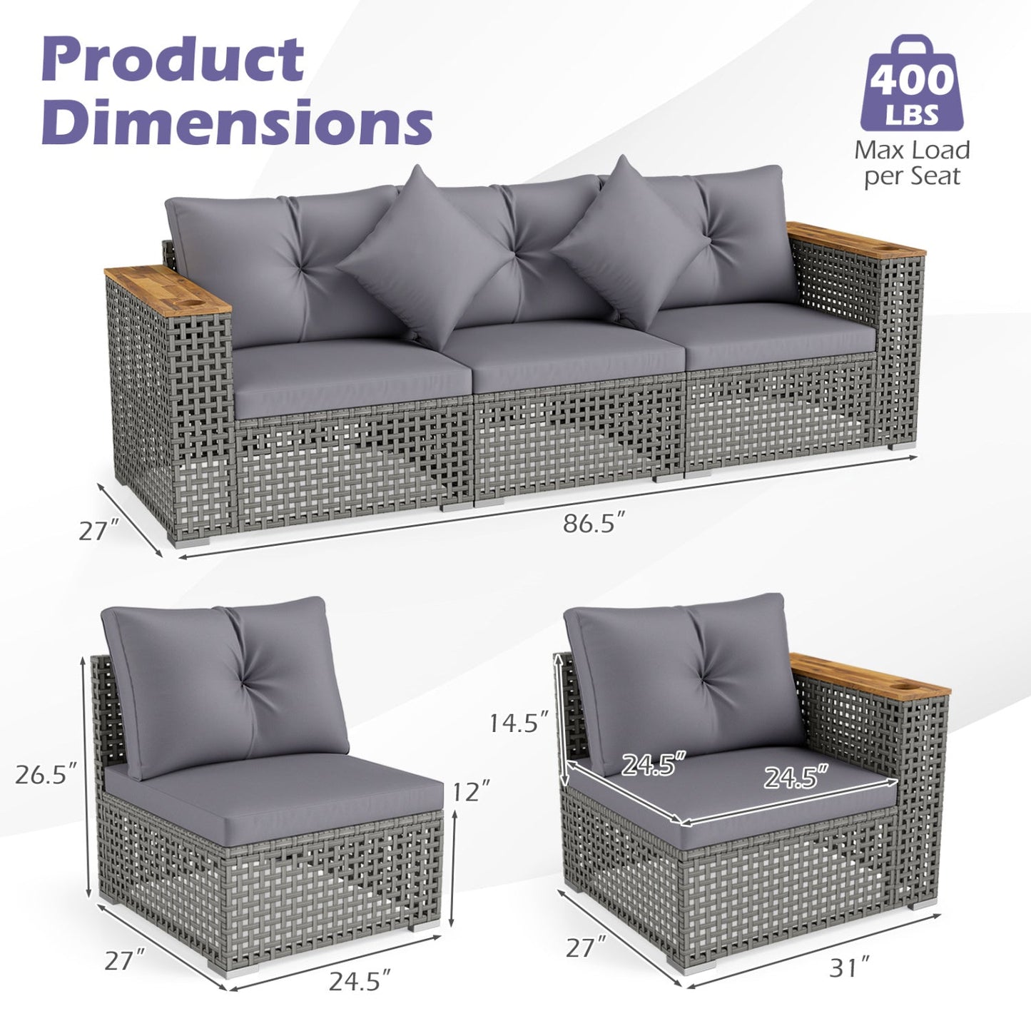 Patio wicker sectional DirectDeals, gray cushions, 1 armless 2 corner sofas, wood armrests on Tampa Home & Garden Store
