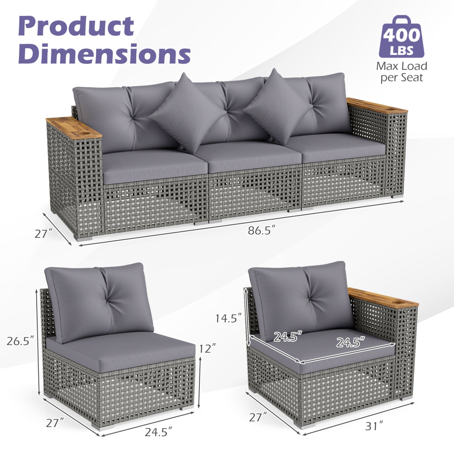 Patio wicker sectional DirectDeals, gray cushions, 1 armless 2 corner sofas, wood armrests on Tampa Home & Garden Store