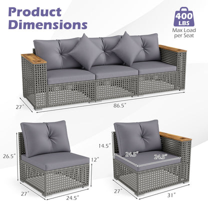 Patio wicker sectional DirectDeals, gray cushions, 1 armless 2 corner sofas, wood armrests on Tampa Home & Garden Store