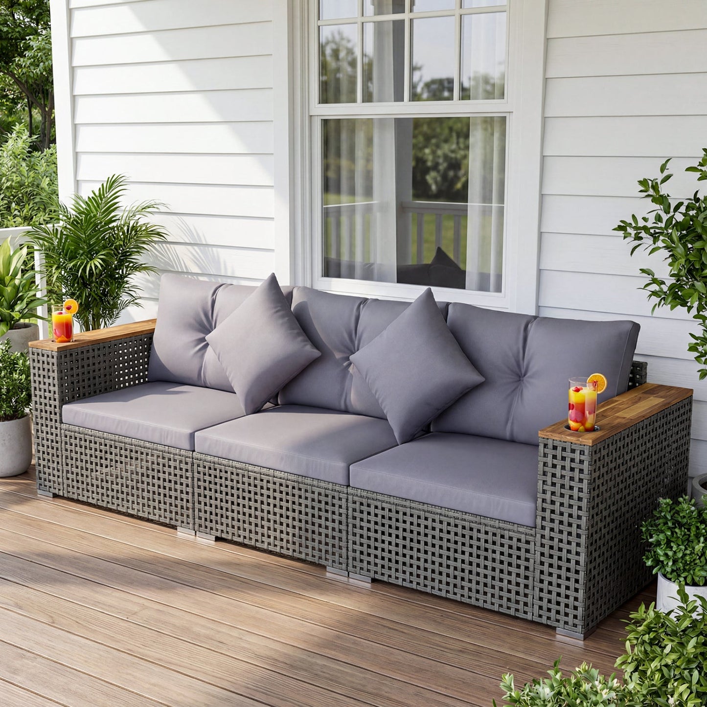 Patio wicker sectional with gray cushions, 1 armless + 2 corner sofas DirectDeals on Tampa Home & Garden Store