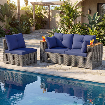 Patio wicker sectional sofa set with 1 armless chair and 2 corner pieces navy cushions on Tampa Home & Garden Store