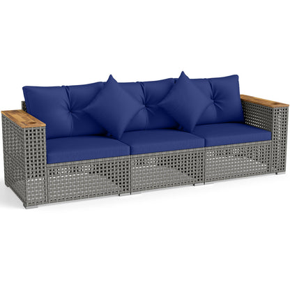Patio wicker 3-piece sectional by DirectDeals with armless and 2 corner sofas, blue cushions on Tampa Home & Garden Store