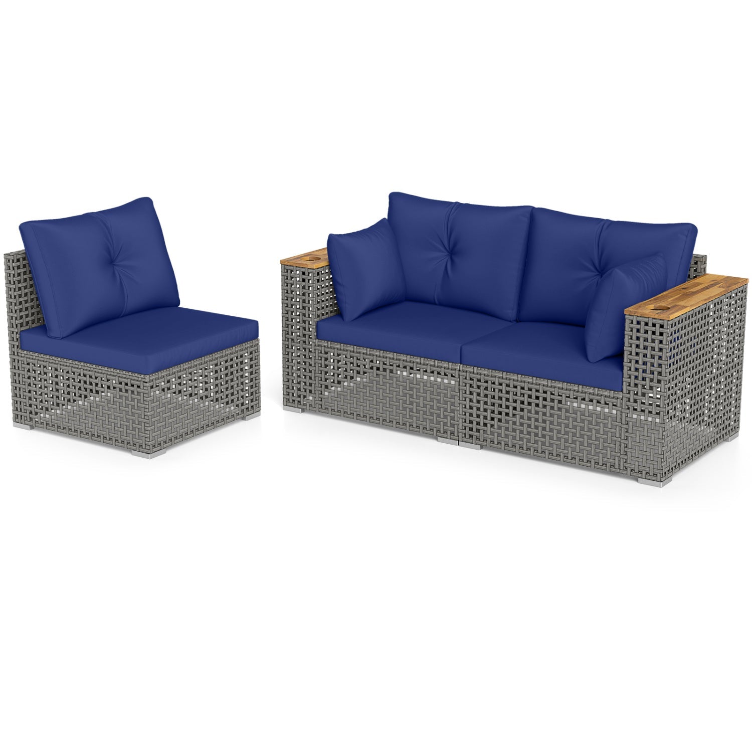 Patio wicker sectional: 1 armless chair and 2 corner sofas with blue cushions, gray rattan on Tampa Home & Garden Store