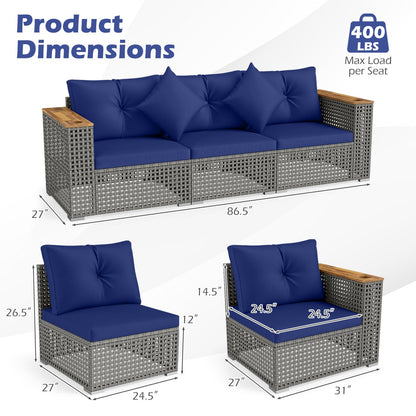 Patio wicker sectional sofa set with blue cushions, 3-piece armless and corner units on Tampa Home & Garden Store