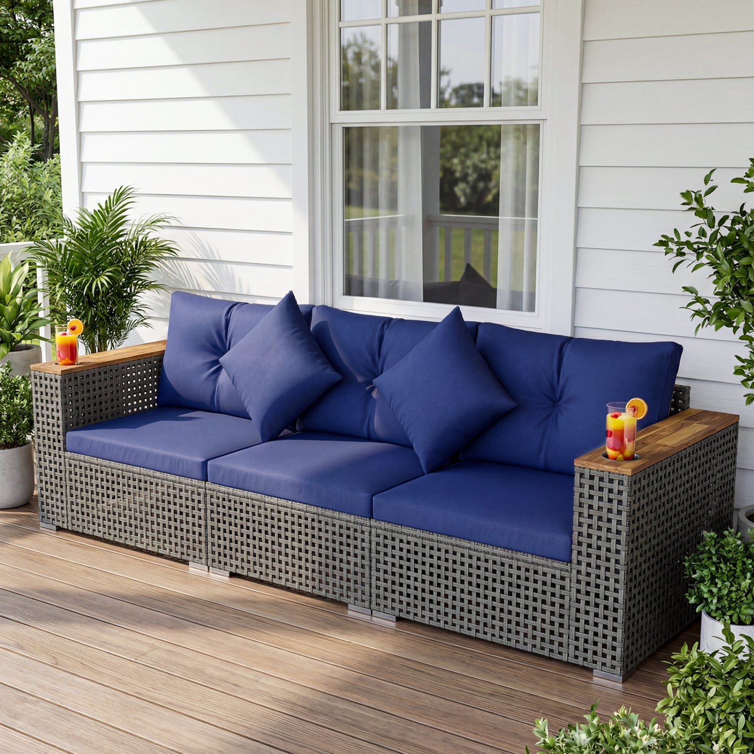 Patio wicker sectional sofa set DirectDeals navy cushions; 1 armless + 2 corner sofas on Tampa Home & Garden Store