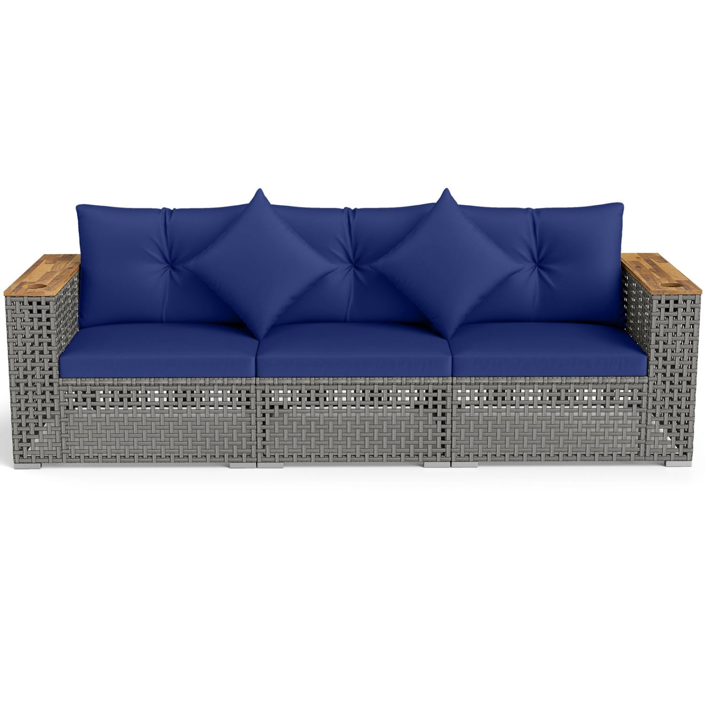 Patio wicker sectional with navy cushions and wood-top tables, 1 armless 2 corner sofas on Tampa Home & Garden Store