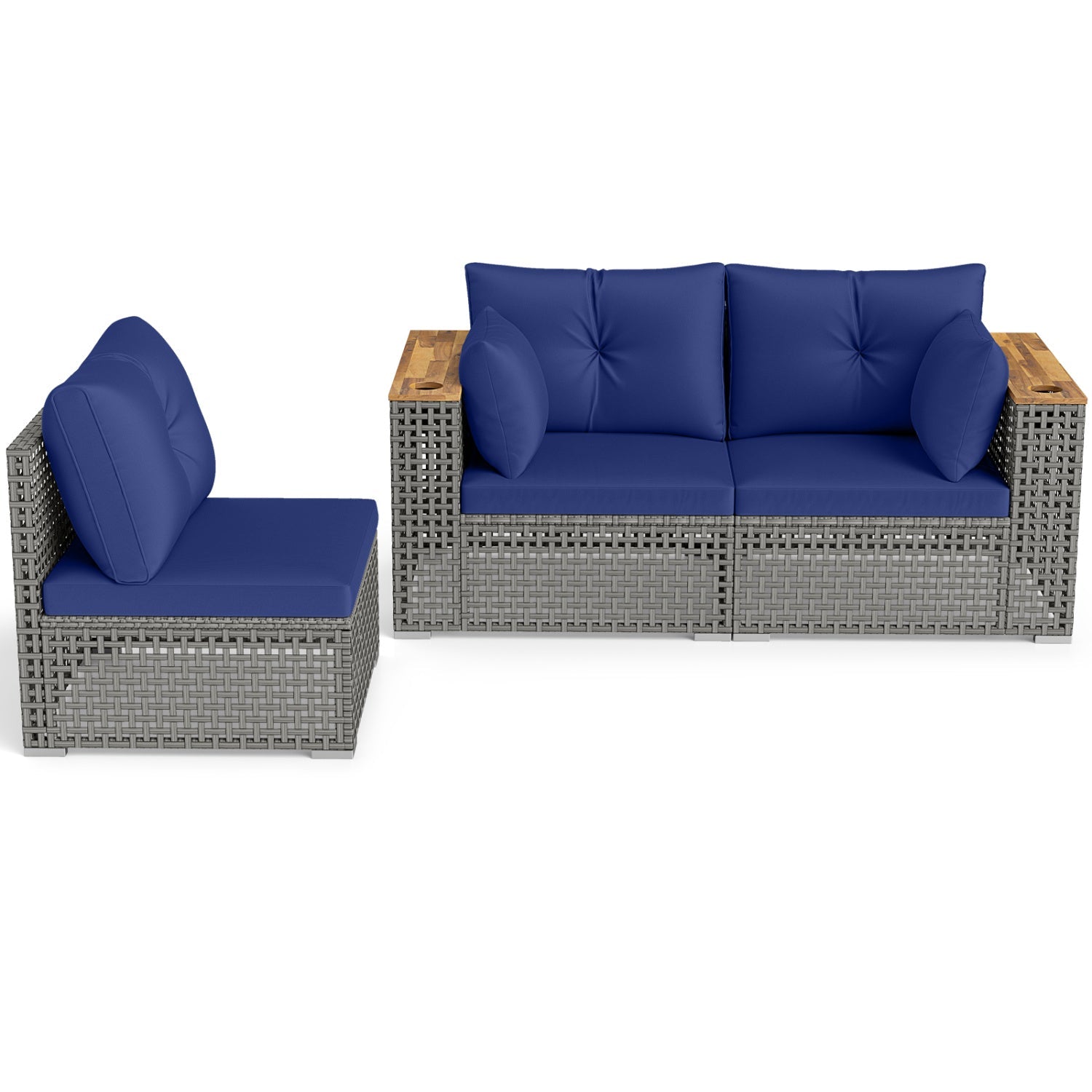 Patio Wicker Sectional with blue cushions; 1 armless chair, 2 corner sofas DirectDeals on Tampa Home & Garden Store