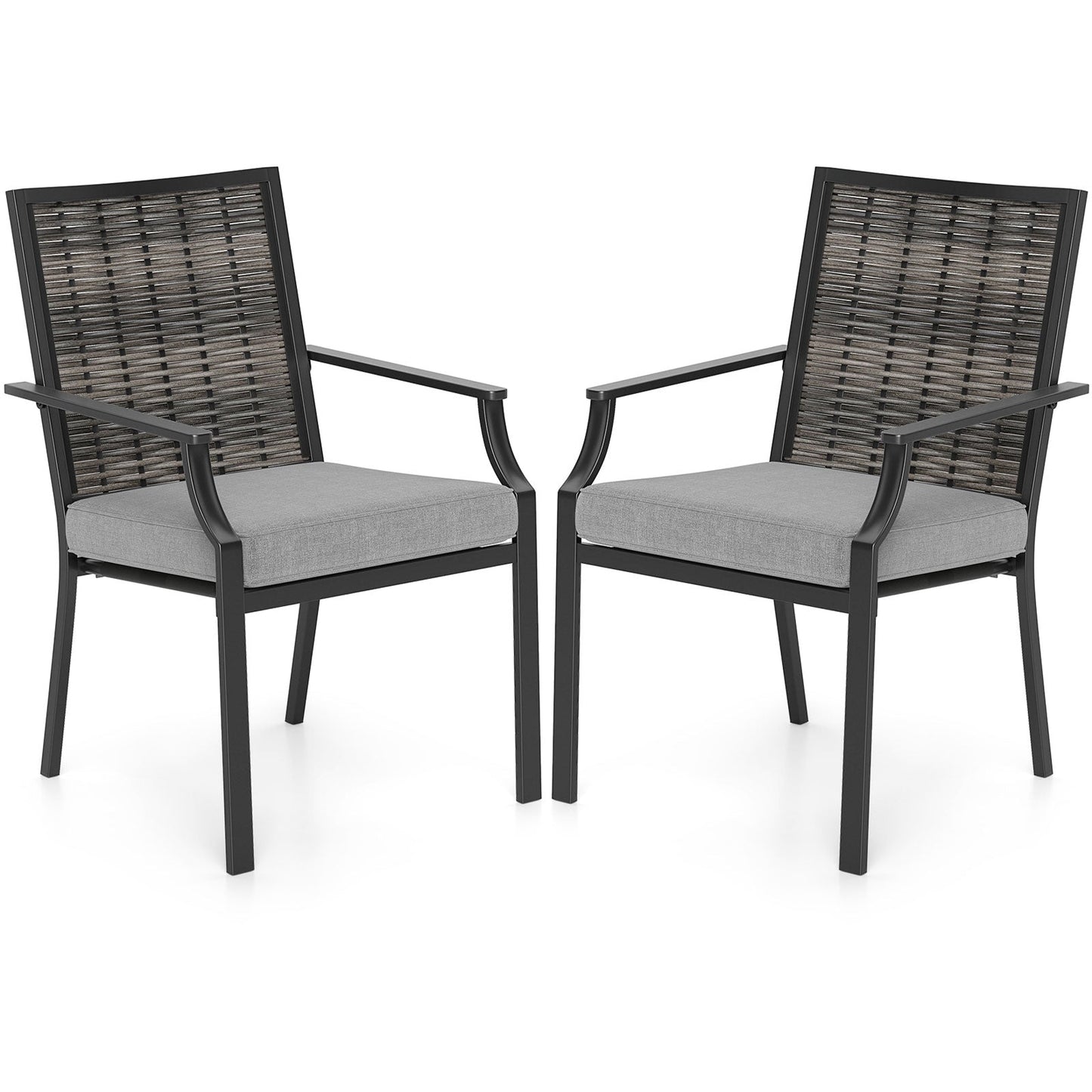 Juego de 2 sillas de mimbre para patio, sillones apilables de ratán con cojines extraíbles - Gris