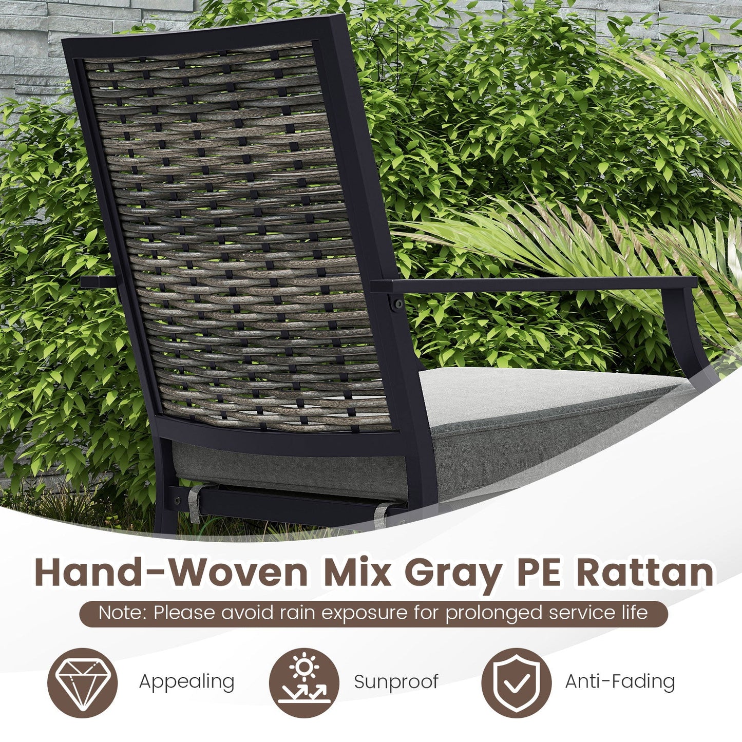 Juego de 2 sillas de mimbre para patio, sillones apilables de ratán con cojines extraíbles - Gris
