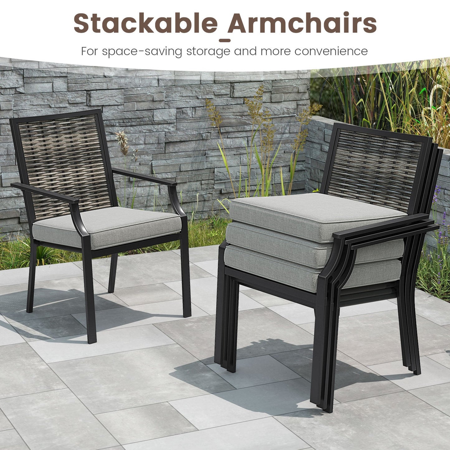 Juego de 2 sillas de mimbre para patio, sillones apilables de ratán con cojines extraíbles - Gris