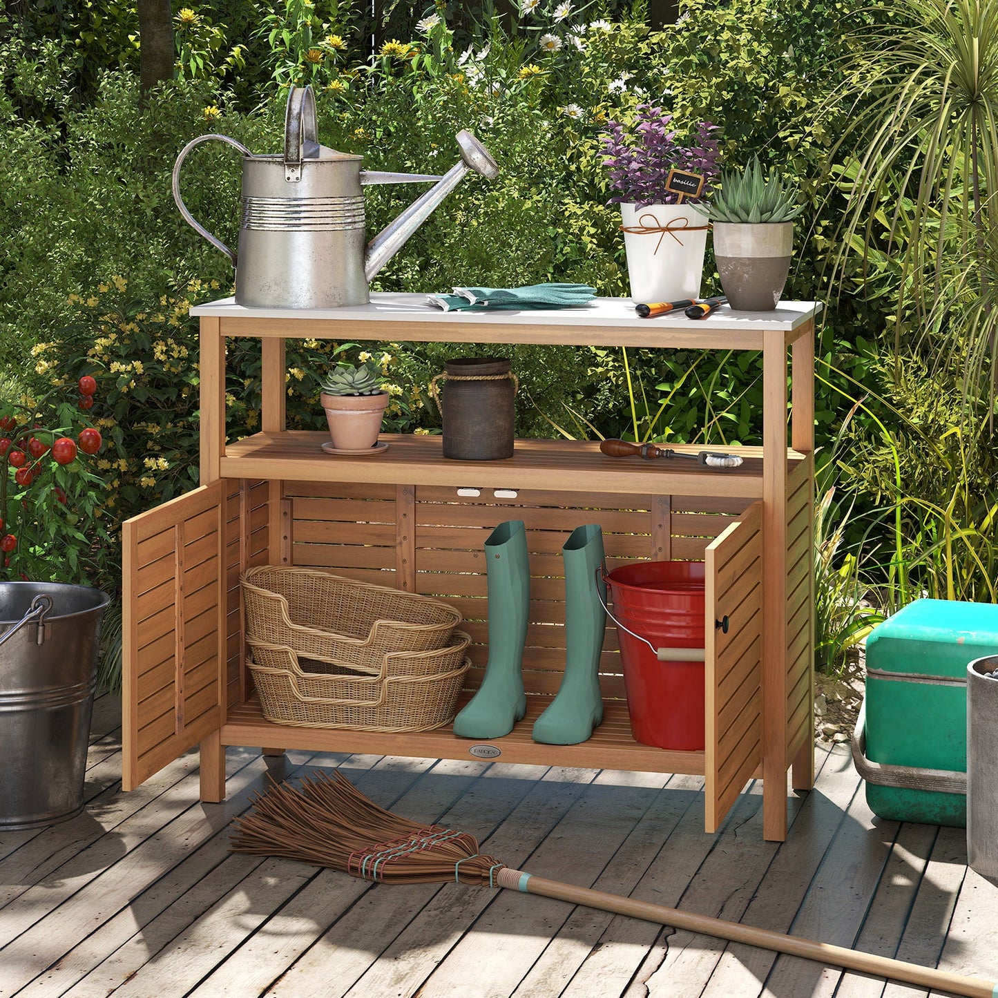 Patio Wood Storage Cabinet Outdoor Acacia Wood Buffet Cabinet