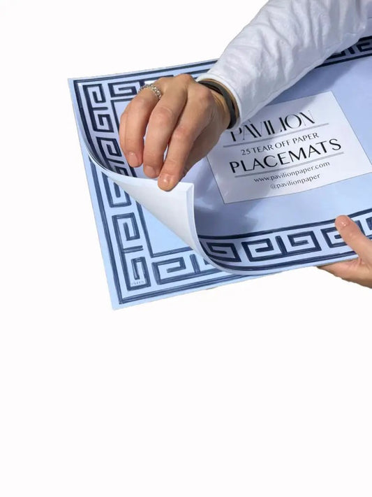 Pavilion Sky and Navy Greek Key placemats, blue/navy border, 25-tear-off pack by Pavilion Paper on Tampa Home & Garden Store