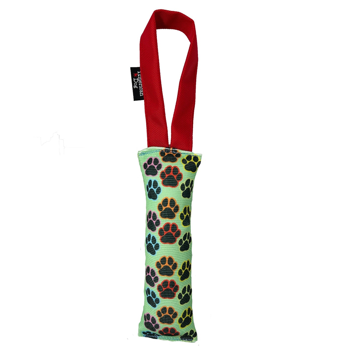 Fire Hose Dog Tug Toy by American Dog with red loop handles and paw-print green fabric on Tampa Home & Garden Store