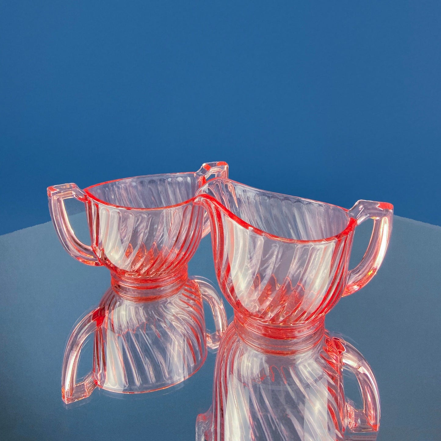 Peach Pink Depression Glass Sugar and Creamer Jars. Elegant Fluted Texture. Art Deco Geometrical Handles. Dining Room Decor. French Countryt - Tampa Home & Garden Store