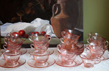 Peach Pink Depression Glass Sugar and Creamer Jars. Elegant Fluted Texture. Art Deco Geometrical Handles. Dining Room Decor. French Countryt - Tampa Home & Garden Store