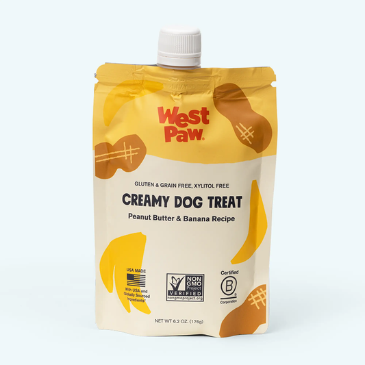 Peanut Butter and Banana Gourmet Dog Treats by West Paw pouch with white screw cap on Tampa Home & Garden Store